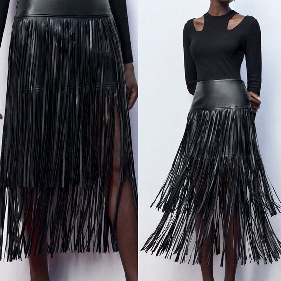 Black Party Women's Faux Leather Tassel Decorated Mini Skirt